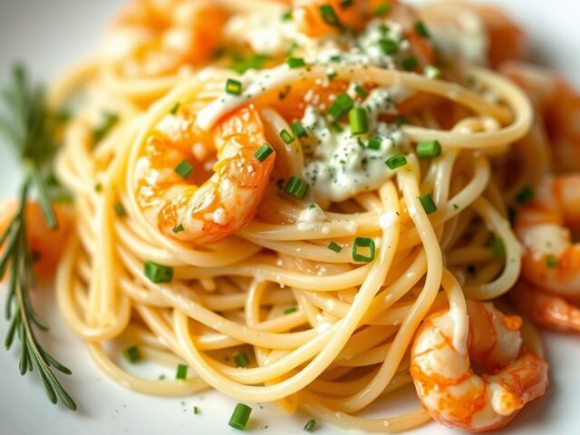 Garnalentaartje met spaghetti van witte en groene asperges — AI-gegenereerde illustratie