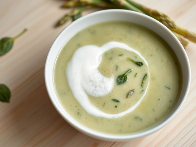 Gazpacho van groene en witte asperges met melkschuim