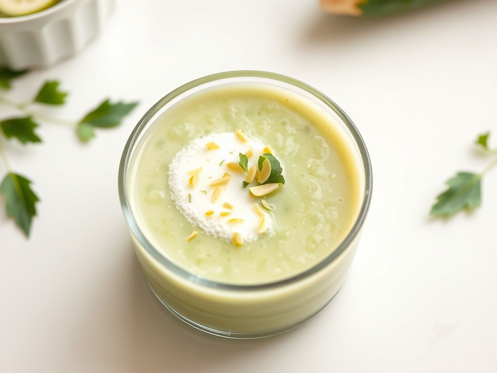 Gazpacho van komkommer met een espuma van geitenka, AI-gegenereerde illustratie