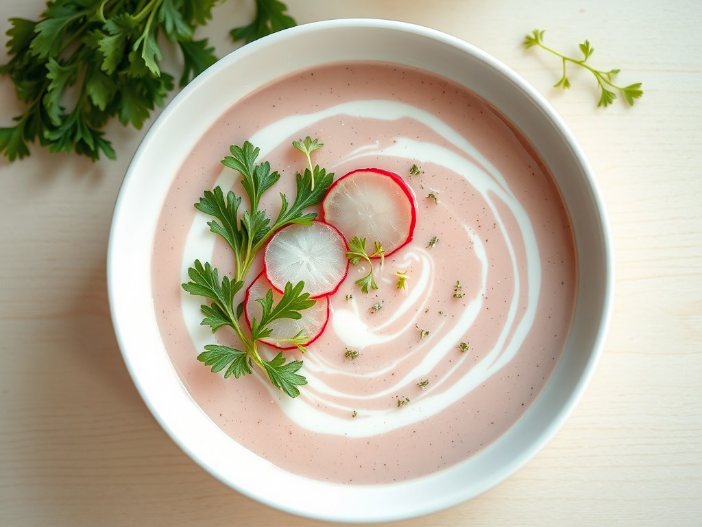 Gazpacho van radijsjes en venkel, AI-gegenereerde illustratie