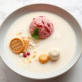 Gazpacho van witte chocolade en kokosnoot, frambozensorbet