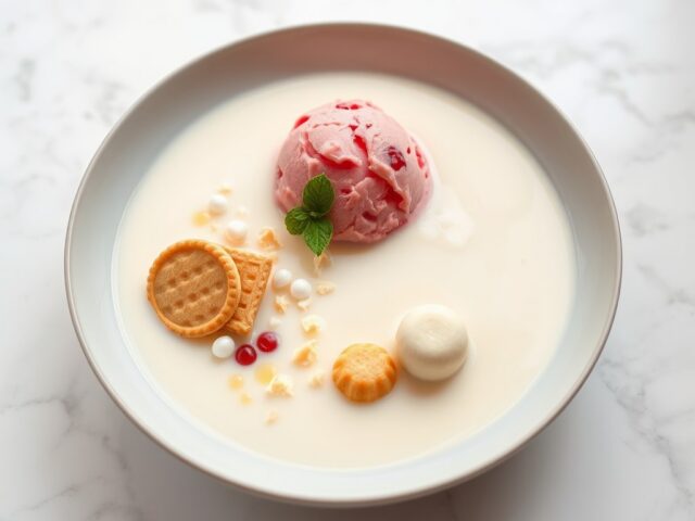 Gazpacho van witte chocolade en kokosnoot, frambozensorbet