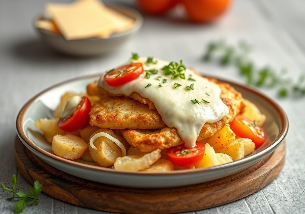 Gebakken aardappel met groentemix- kipfilet, AI-gegenereerde illustratie