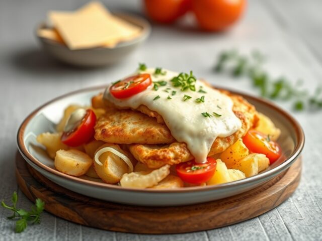 Gebakken aardappel met groentemix- kipfilet — AI-gegenereerde illustratie