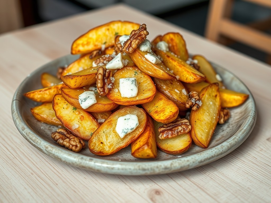 Gebakken aardappelen met blauwe kaas, AI-gegenereerde illustratie