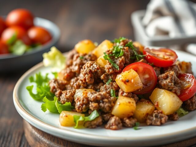 Gebakken aardappelsalade met gegrild gehakt