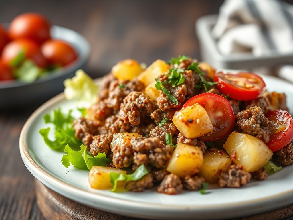 Gebakken aardappelsalade met gegrild gehakt, AI-gegenereerde illustratie