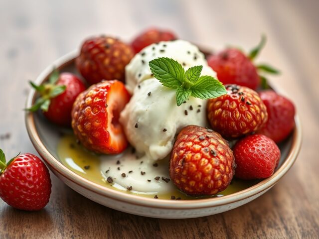 Gebakken aardbeien met zwarte peper en pistache-ijs