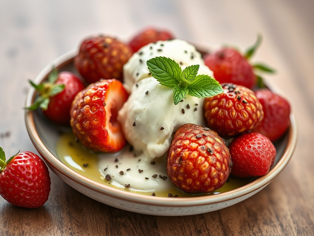 Gebakken aardbeien met zwarte peper en pistache-ijs, AI-gegenereerde illustratie