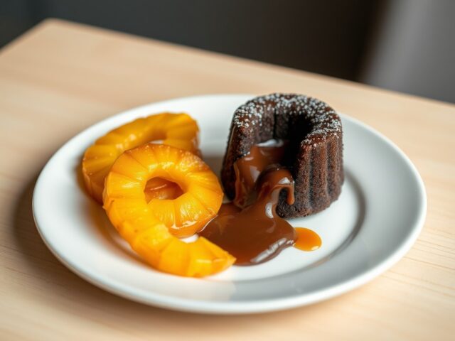 Gebakken ananas met vloeibaar chocoladecakeje