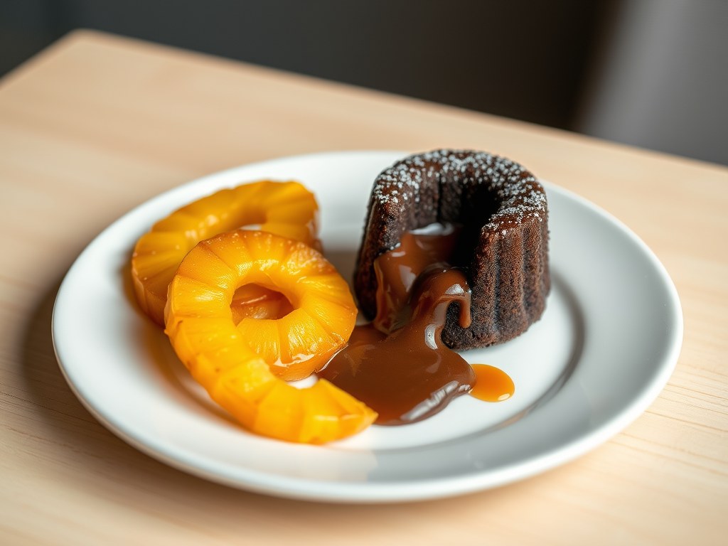 Gebakken ananas met vloeibaar chocoladecakeje, AI-gegenereerde illustratie