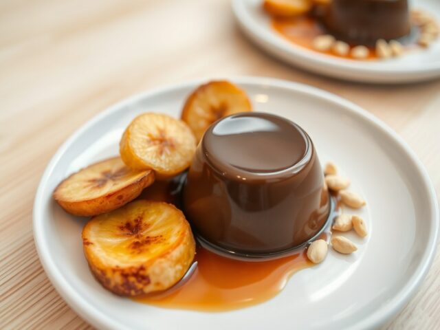 Gebakken banaan en chocoladepanna cotta met pinda en boterkaramel