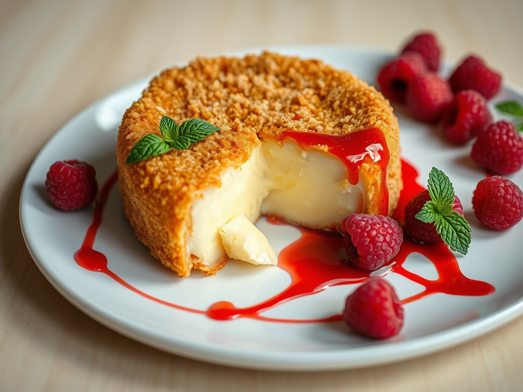 Gebakken brie met frambozendressing, AI-gegenereerde illustratie