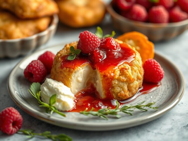 Gebakken Camembert met frambozendressing — AI-gegenereerde illustratie