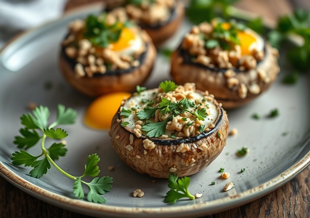Gebakken champignons met cornflakes en peterselies, AI-gegenereerde illustratie
