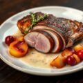 Gebakken eendenborst met appel-cranberrycompote, zwarte peper en citroentijm