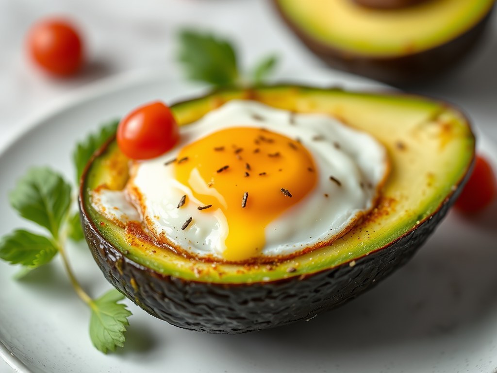 Gebakken ei in avocado, AI-gegenereerde illustratie