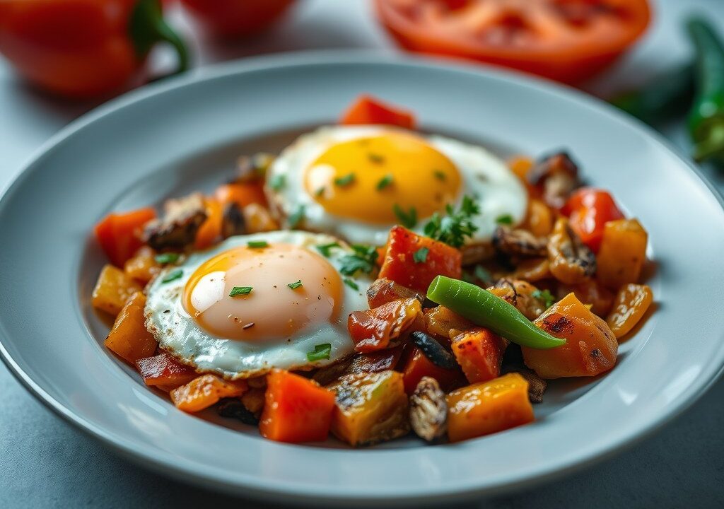 Gebakken eieren met ratatouille, AI-gegenereerde illustratie