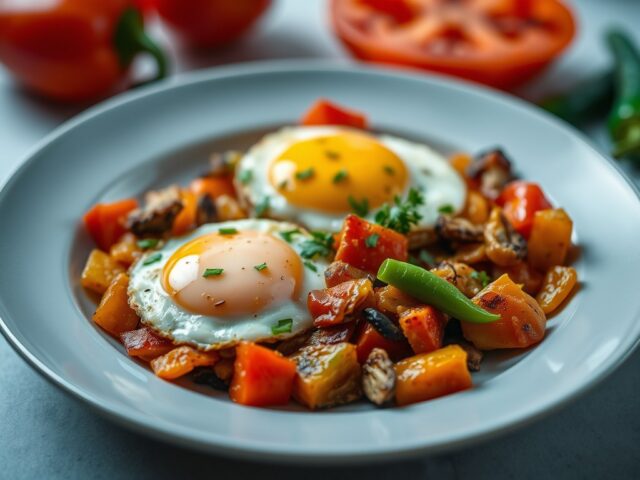 Gebakken eieren met ratatouille — AI-gegenereerde illustratie