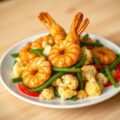 Gebakken garnalen met groenten en Thaise smaken