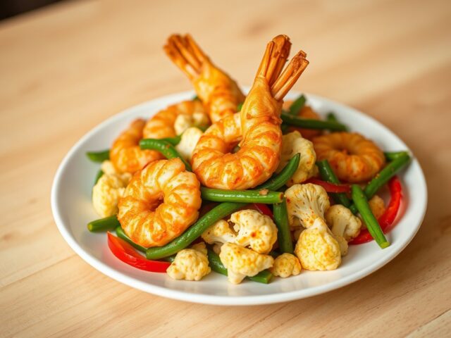 Gebakken garnalen met groenten en Thaise smaken