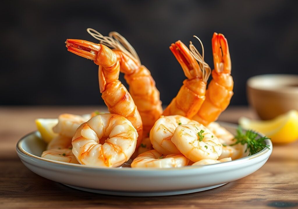 Gebakken garnalen met knoflook (scampi, gamba’s) — AI-gegenereerde illustratie