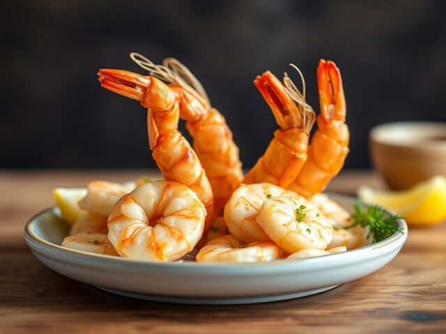 Gebakken garnalen met knoflook (scampi, gamba’s) — AI-gegenereerde illustratie