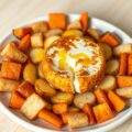 Gebakken geitenkaas met aardappel en groentenkrans