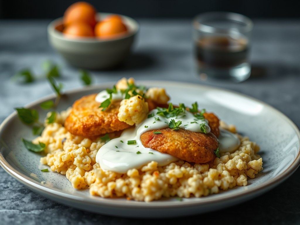 Gebakken griet met bloemkool en sauce vierge, AI-gegenereerde illustratie