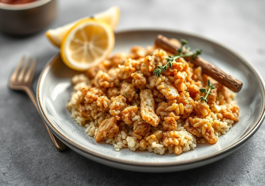 Gebakken griet met pistou-risotto en tuinbonen, AI-gegenereerde illustratie