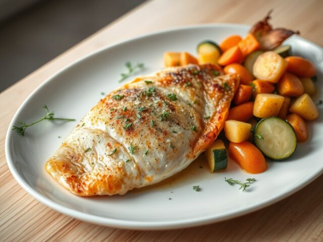 Gebakken grietfilet met groentemix en citroensap