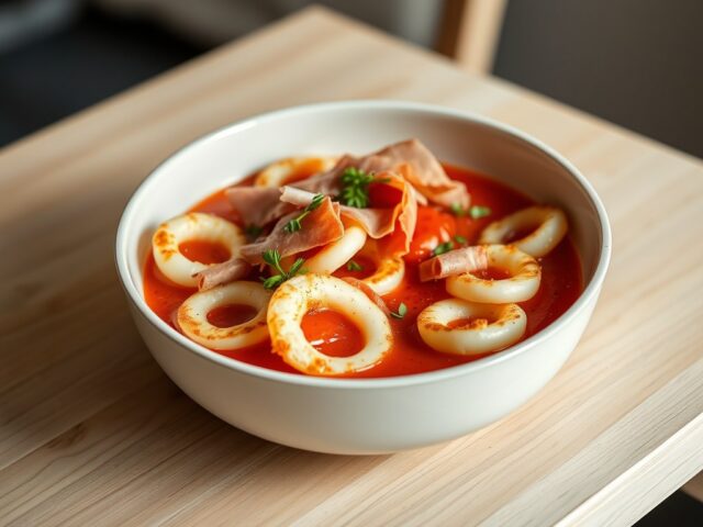 Gebakken inktvis met een gazpacho van Brugse zot en flinters van Gandaham