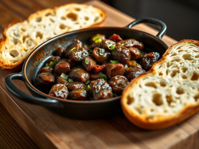 Gebakken kippenlevertjes met ui, rozijnen en sherry