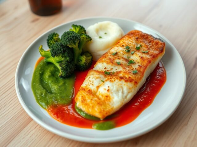 Gebakken koolvis met paprikacoulis en broccolipuree