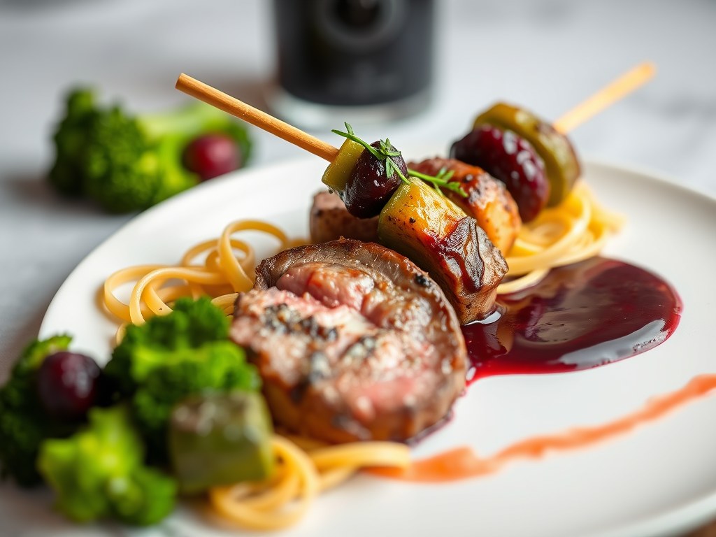 Gebakken lamsfilet met groentespiesjes en een saus van cassisbessen, AI-gegenereerde illustratie