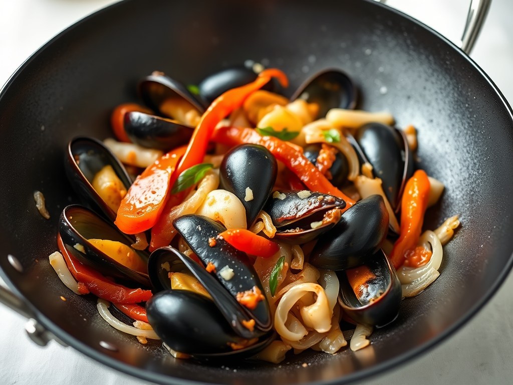 Gebakken mosselen met bier en paprika, AI-gegenereerde illustratie