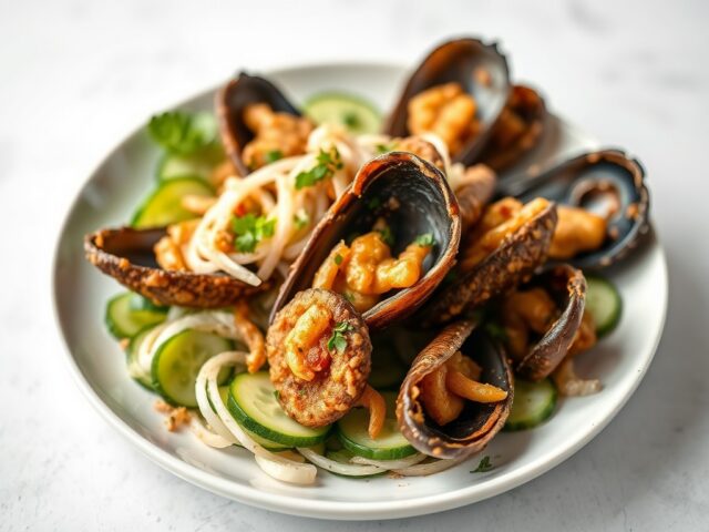 Gebakken mosselen met lente ui op komkommersalade — AI-gegenereerde illustratie