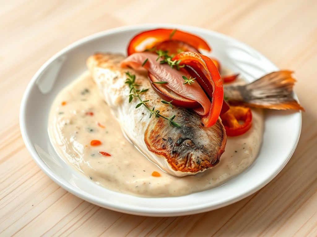 Gebakken mulfilet met ham en tonijncréme, AI-gegenereerde illustratie