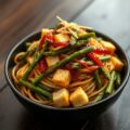Gebakken noedels met groene asperges