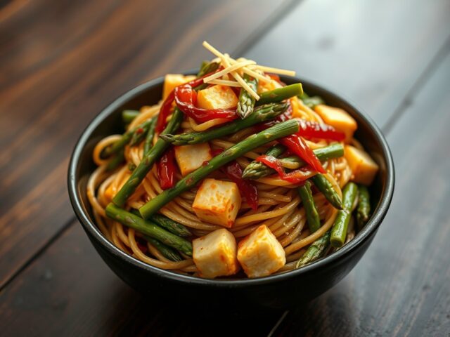 Gebakken noedels met groene asperges