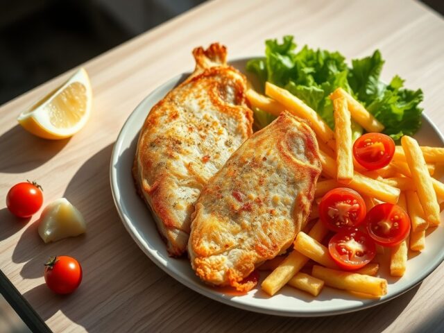 Gebakken Noordzeetong met handgesneden frietjes, tomaat en jonge slablaadjes