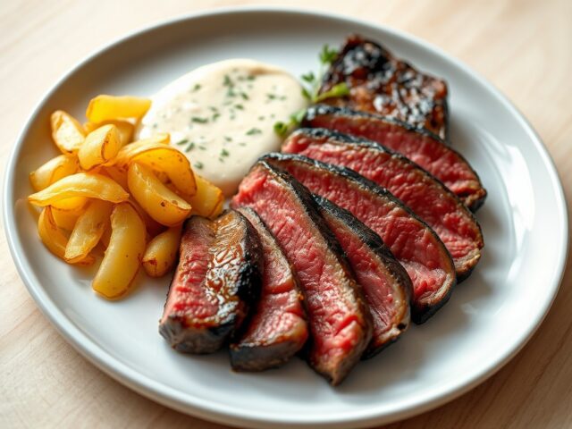 Gebakken onglet met sjalotjes, lichte bearnaise en aardappeljulienne