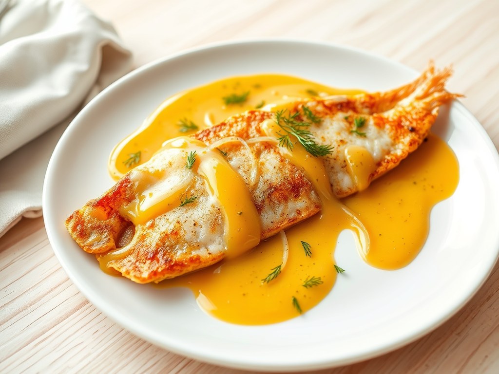 Gebakken pangasiusfilet met mosterd-sinaasappelsaus, AI-gegenereerde illustratie