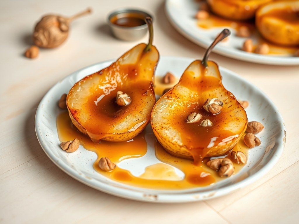 Gebakken peren met hazalnootcaramel, AI-gegenereerde illustratie