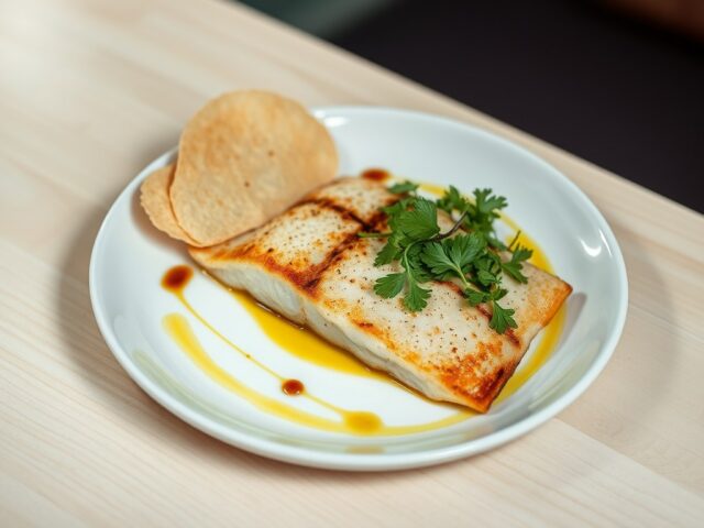 Gebakken pietermanfilet met luchtig parmesankoekje en kruidensla