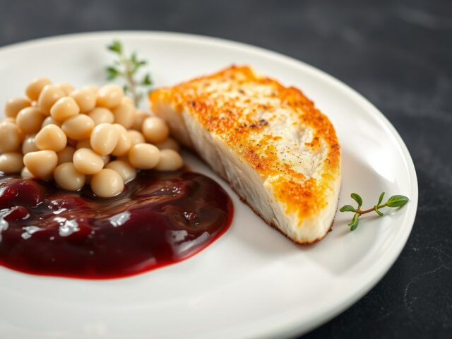 Gebakken pollak met tapenade van witte bonen, truffelaroma en zachte kriekensaus