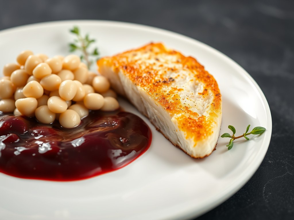 Gebakken pollak met tapenade van witte bonen, truffelaroma en zachte kriekensaus, AI-gegenereerde illustratie