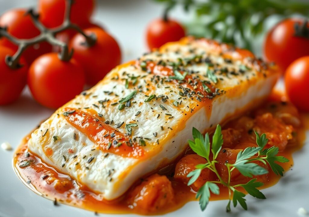 Gebakken roodbaarsfilet met sinaasappeltomatensaus, AI-gegenereerde illustratie