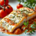 Gebakken roodbaarsfilet met sinaasappeltomatensaus
