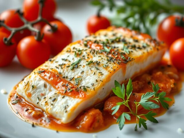 Gebakken roodbaarsfilet met sinaasappeltomatensaus